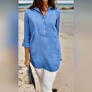 J. Jill Love Linen Tunic Top Blue Large Petite Button Down Coastal Minimalis